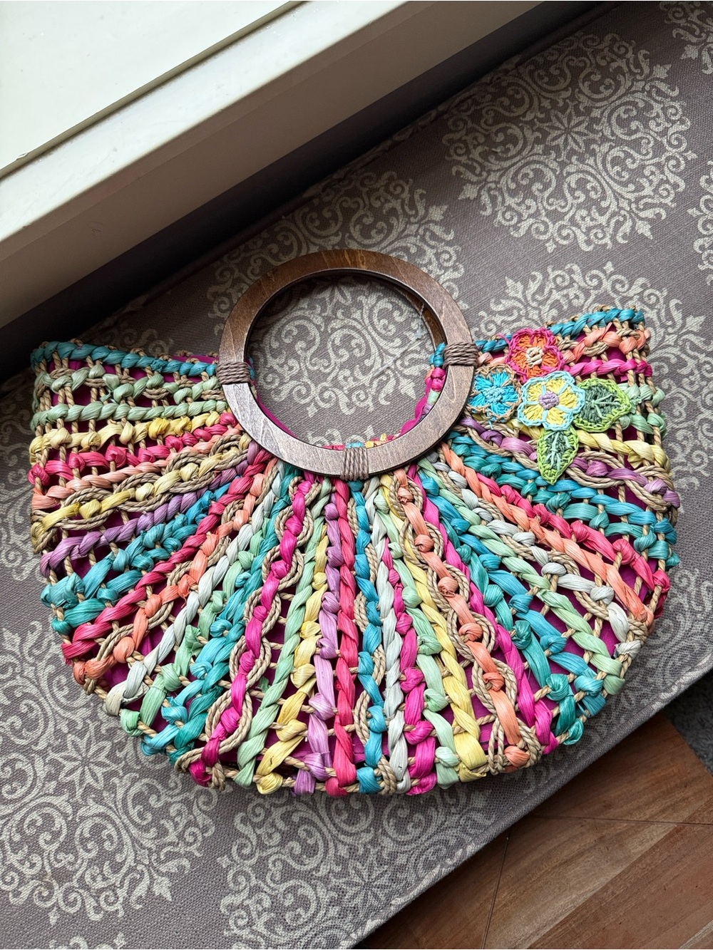 Boutique Multicolor Woven Straw Tote with Wooden Handles
